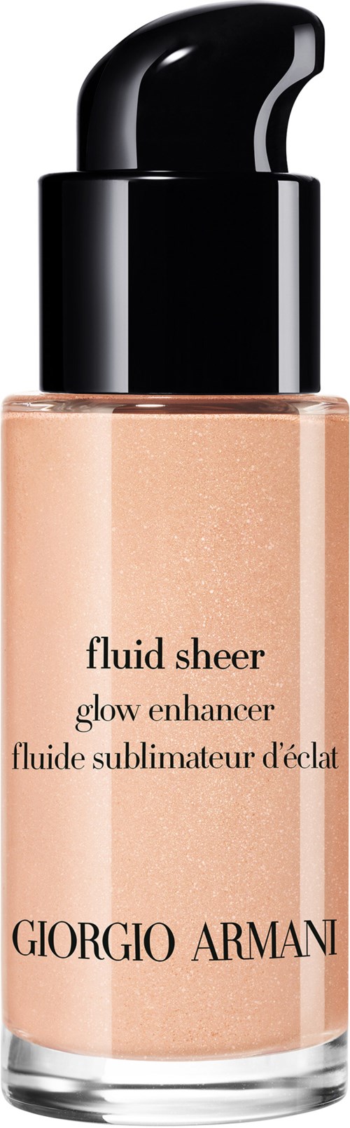 En flaska Giorgio Armani Fluid Sheer glow enhancer makeupprodukt med svart pumplock.