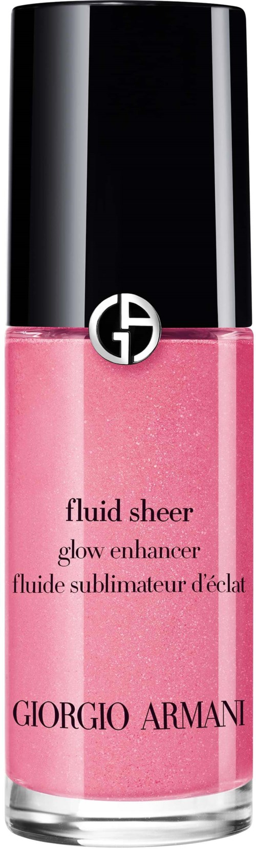 En rosa flytende glødeforsterkende leppestift fra Giorgio Armani med svart hette og sølvlogo.