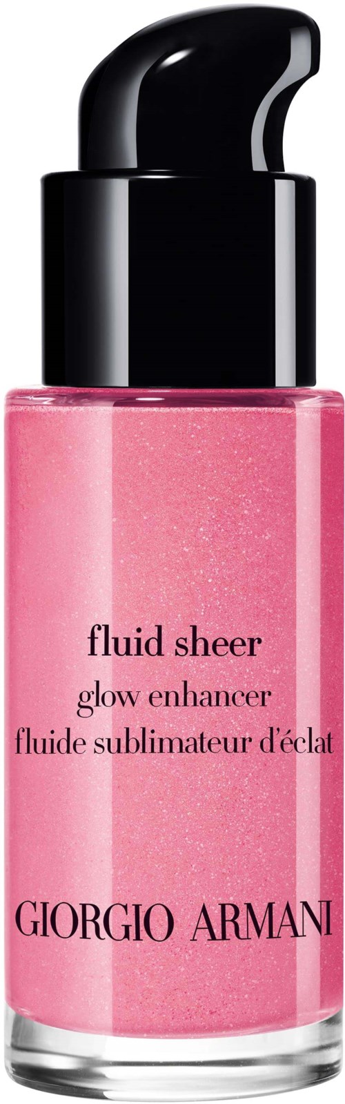 En rosa flaske merket 'Fluid Sheer' av Giorgio Armani med svart pumpekopp.