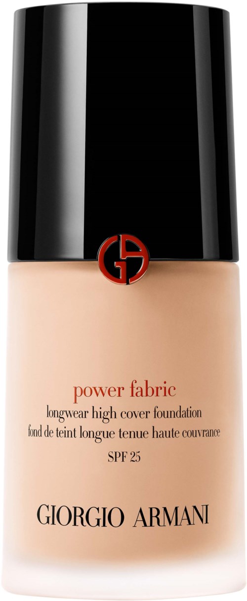 Giorgio Armani Power Fabric -meikkivoide beige pullossa, jossa musta korkki ja punainen logo. Sph 25.