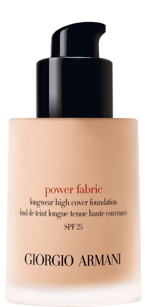 Giorgio Armani -meikkivoidepullo, SPF 25, vaalea väri ja musta pumppu.
