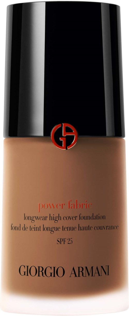 Meikkivoidepullo, jossa musta korkki ja beigen värinen neste, nimeltä Giorgio Armani Power Fabric SPF 25.