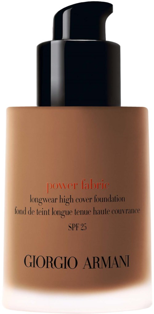 Giorgio Armani-meikkivoidepullo, jossa musta pumppu ja beige etiketti, merkitty 'power fabric' ja SPF 25.