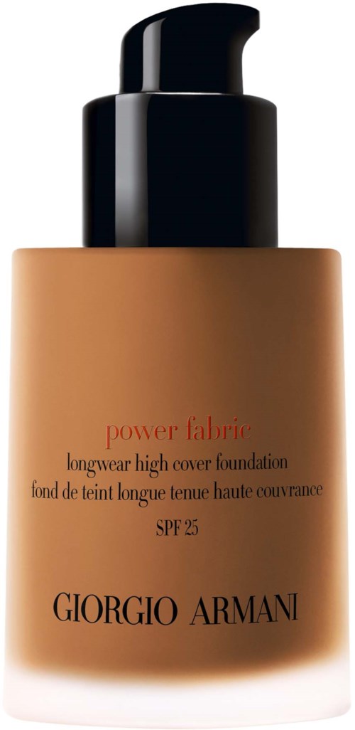 Giorgio Armani -säätiöpullo pumpulla, nimeltä power fabric, SPF 25, beigestä ja mustasta suunnittelusta.