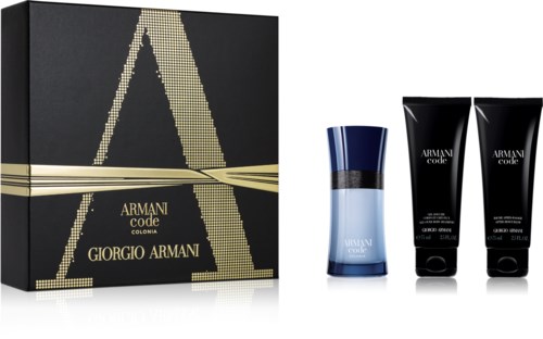Armani Code presentförpackning med parfym och lotion, svart förpackning med guld och blå accenter.