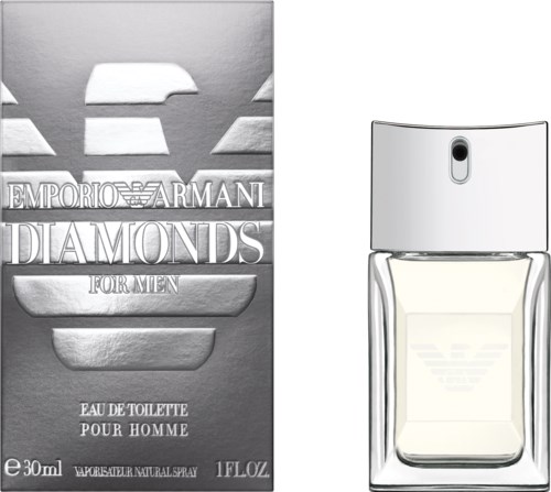 En parfymeflaske og boks for Emporio Armani Diamonds For Men, med flasken til høyre og tekst til venstre.