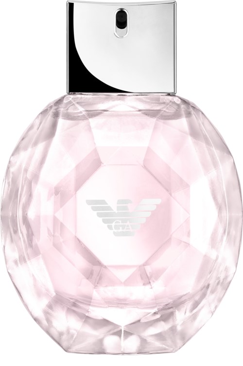 En rosa parfyllflaska med flerfärgad yta, silverlock och Armani-logga på framsidan.
