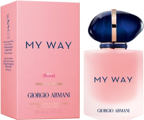 Eine rosa Parfümverpackung und Flasche mit 'My Way' von Giorgio Armani, mit dunklem blauen Deckel.