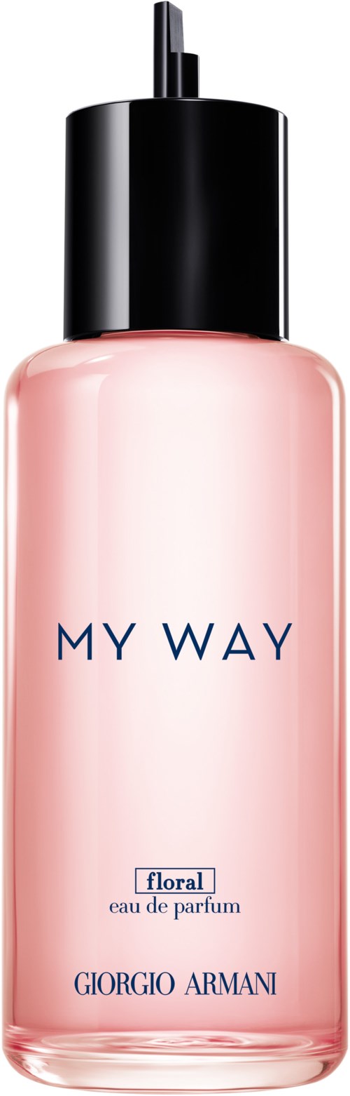 Eine rosa Parfüfflasche mit schwarzem Deckel, beschriftet 'My Way' von Giorgio Armani.