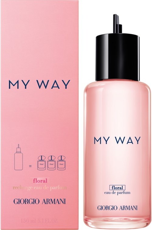 Eine rosa Parfüfblase mit schwarzem Deckel neben einer passenden Verpackung. Beide zeigen die Worte 'My Way' und 'Giorgio Armani.'