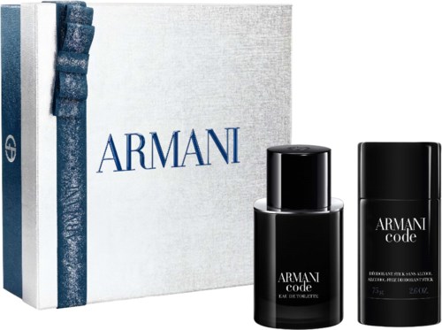Svart Armani Code parfymeflasker og en hvit Armani-eske med blå og sølvdetaljer.