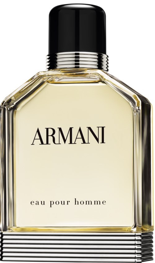En klar glassparfymeflaske merket 'ARMANI' og 'eau pour homme' med svart lokk.
