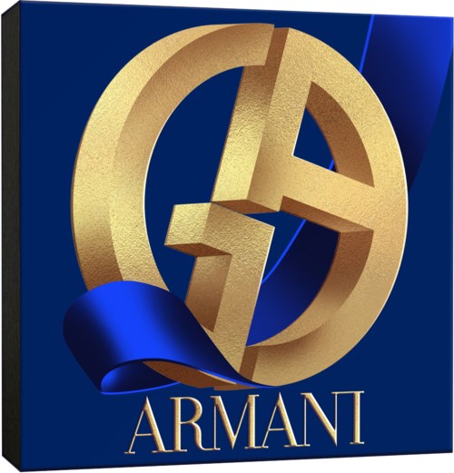 Golden logo with a circle and a letter 'A'. Blue background with the brand name 'Armani' at the bottom.