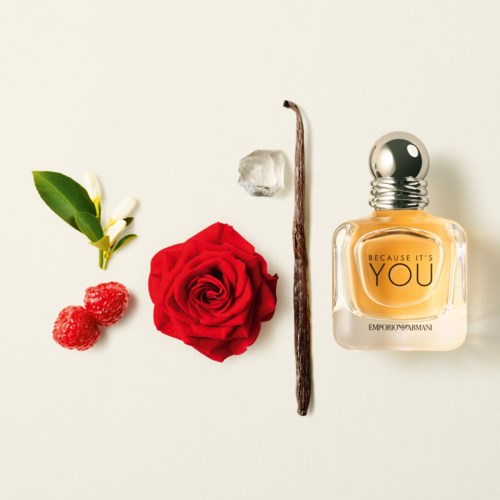 Various natural and cosmetic items including a flower, berries, a stick, a rock, and perfume.