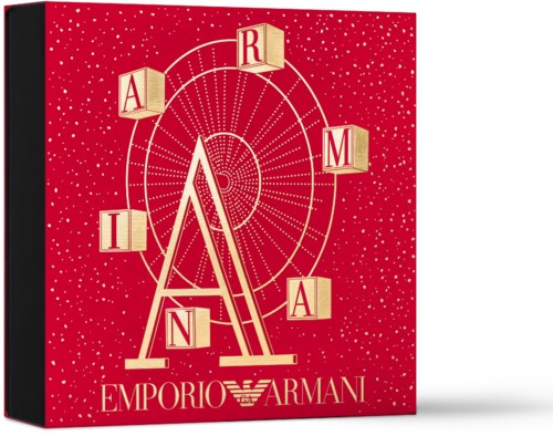 Rött bakgrund med vita prickar, ett pariserhjul och stora bokstäver som säger 'ARMAND'. Loggan längst ner säger 'EMPORIO ARMANI'.