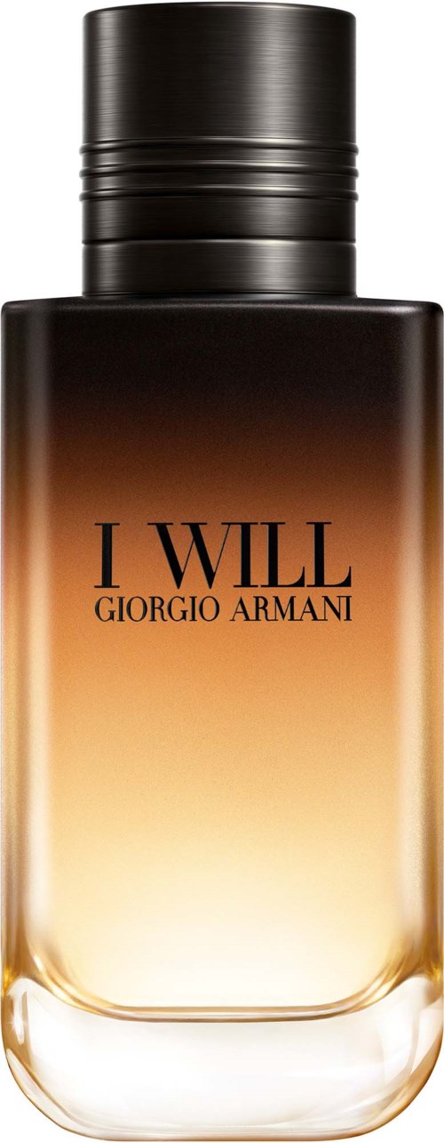 Ett Giorgio Armani parfymflaska med svart lock och en färggradient som är amberfärgad med texten I WILL.
