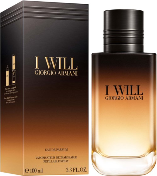 Giorgio Armani I Will parfymflaska och förpackning med svart lock och gradientglas från brunt till ljus.