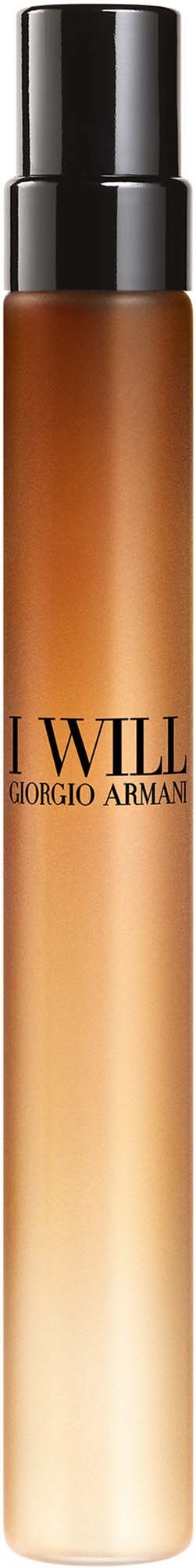 En lång, slank parfyllflaska med svart lock, gradiente färg från mörkbrun till ljus kräm, Giorgio Armani-logga.