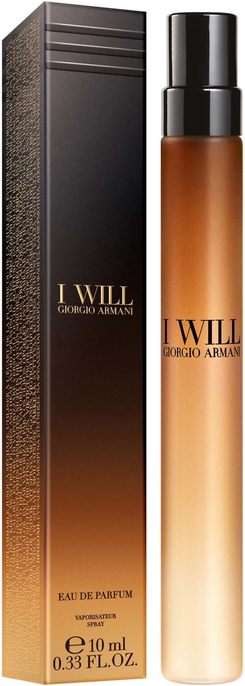 En Giorgio Armani I Will parfymflaska med svart och guld förpackning. Flaskan är lång, smal och har en färgövergång från brunt till guld.