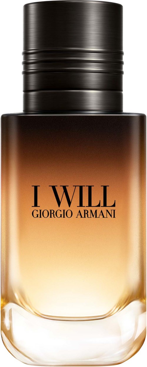 Giorgio Armani I Will parfymflaska med svart lock och gradient bärnstensfärg.
