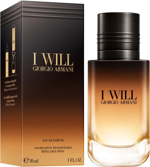 Giorgio Armani I Will parfymflaska och förpackning med svart lock, gradientbrunt till genomskinligt glas.