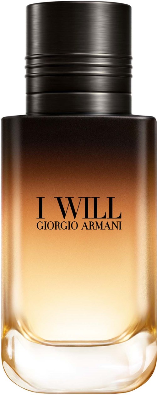 Giorgio Armani I Will parfymflaska med svart lock och gradiant bärfärgad nyans. Logga synlig på framsidan.
