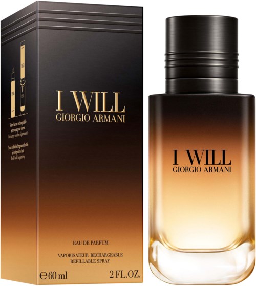 Svart och guld box och flaska av Giorgio Armani I Will parfym, med gradient orange ton på flaskan.