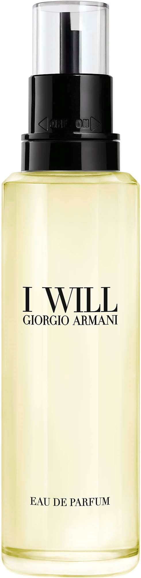 Een lange parfumfles met zwarte dop en duidelijke label met tekst I WILL GIORGIO ARMANI, bevat parfum.