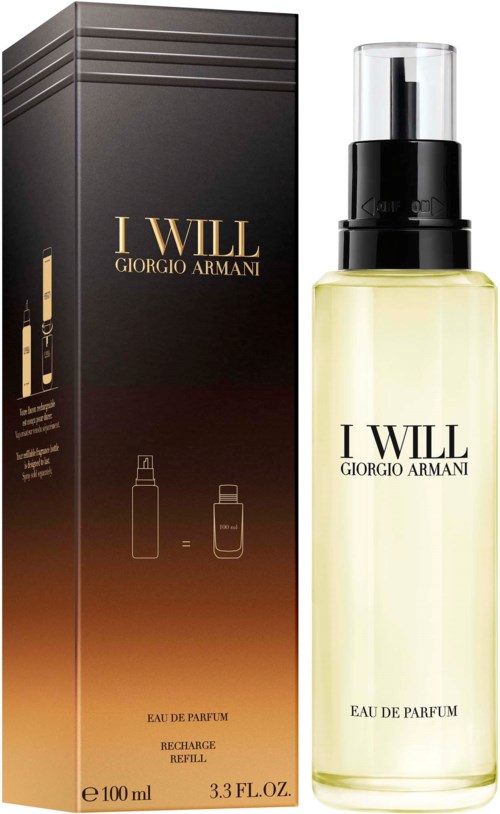Giorgio Armani I Will parfum in een heldere glazen fles met zwarte dop en pomp, naast de zwarte en gouden doos.