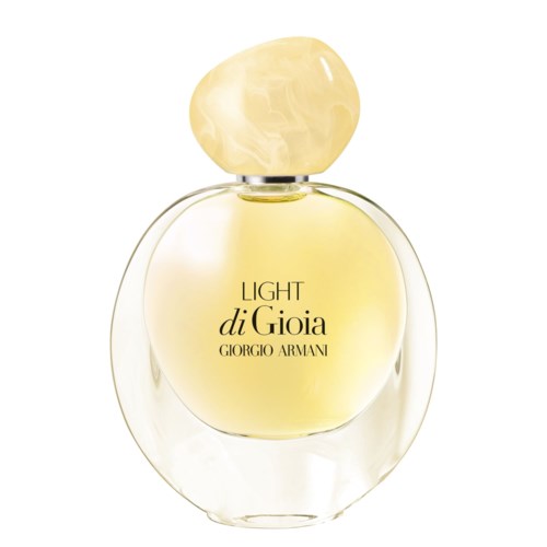 A perfume bottle with a yellow liquid, rounded cap, and label that says 'Light di Gioia Giorgio Armani.'