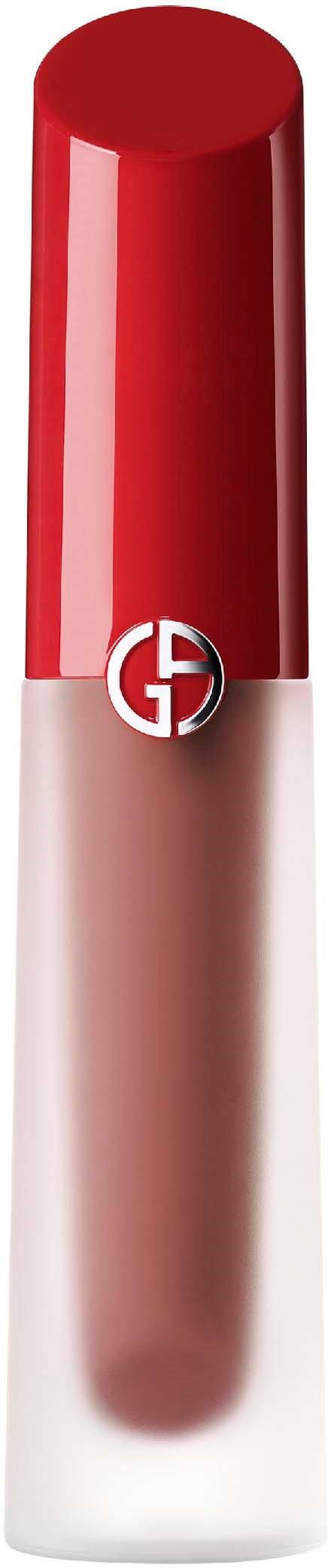 Een lippenstift met een rood deksel en een doorzichtige body waarop de lippenstift zichtbaar is, met logo op de cap.