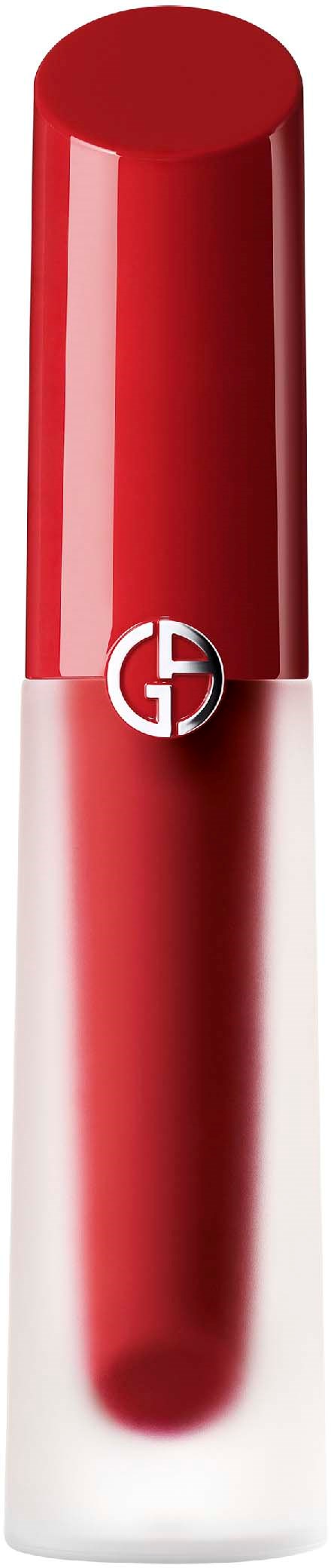 Een rood lippenstift met zilveren basis en logo, staand op een zwarte achtergrond.