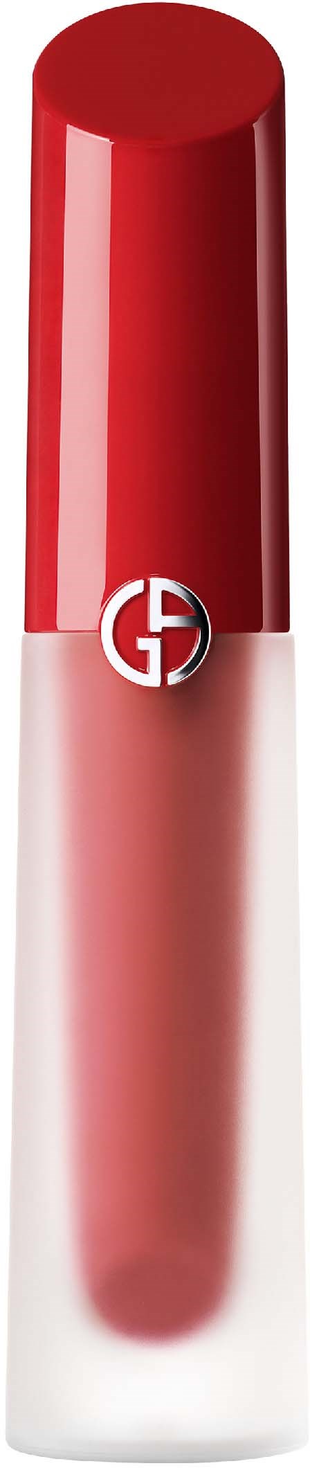 Een rode lipstick met zilveren basis en logo in het midden. De achtergrond is zwart.