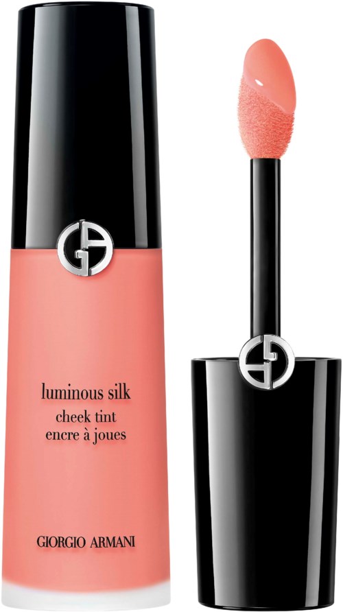 Różowy błyszczyk do ust z czarną nakrętką i wbudowanym aplikatorem, marka Giorgio Armani Luminous Silk róż do policzków.