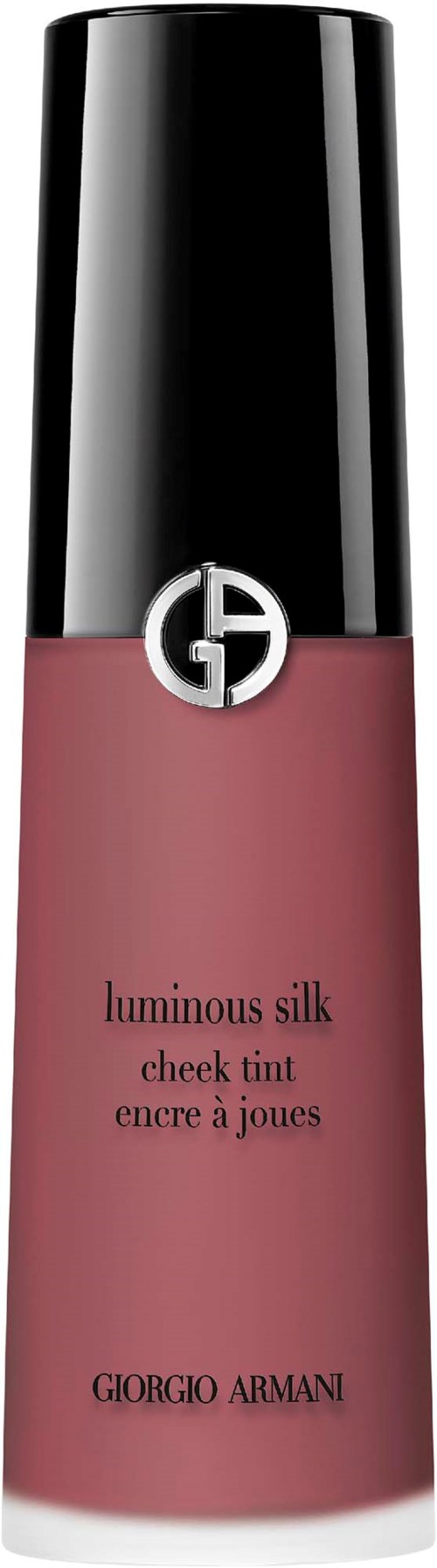 Eine rosa Wangen-Tönung Flasche mit schwarzem Deckel, GIORGIO ARMANI Logo und Produktname Luminous Silk.