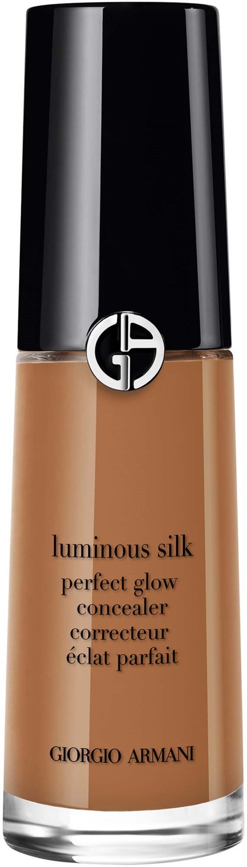 En flaske Giorgio Armani Luminous Silk concealer med svart hette og beige væske inni.