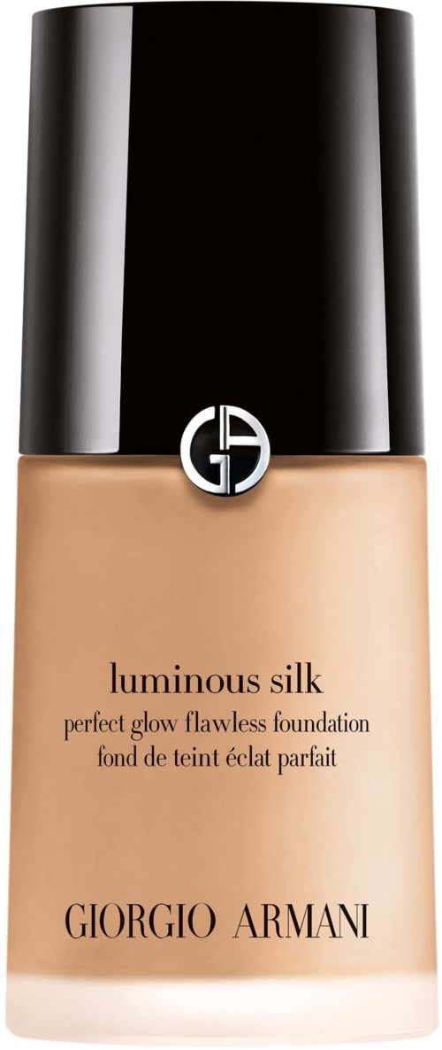 En flaska Giorgio Armani luminous silk foundation med svart lock och beige vätska inuti.