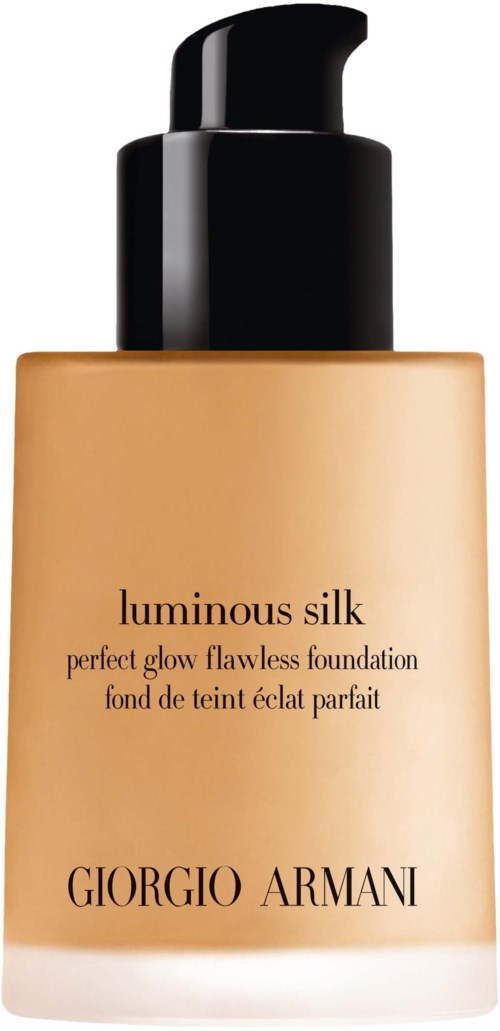 A beige foundation bottle with a black pump, labeled 'Luminous Silk' by Giorgio Armani.