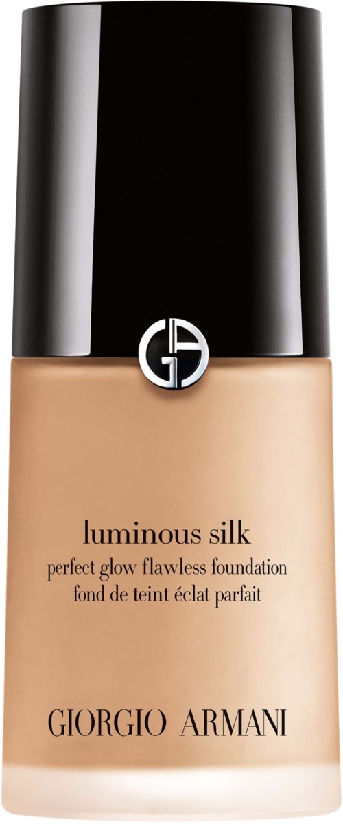 Eine Flasche Giorgio Armani luminous silk Foundation mit schwarzem Deckel und beiger Flüssigkeit.