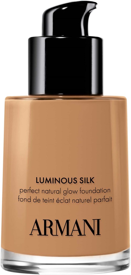 En flaska Armani Luminous Silk Foundation med pump, i beige färg, och svart lock.
