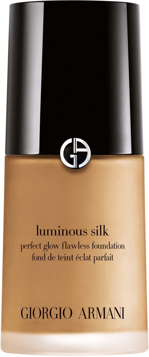 En Giorgio Armani foundationflaska med svart lock och beige flytande inuti. Innehåller Luminous Silk Perfect Glow Flawless Foundation.