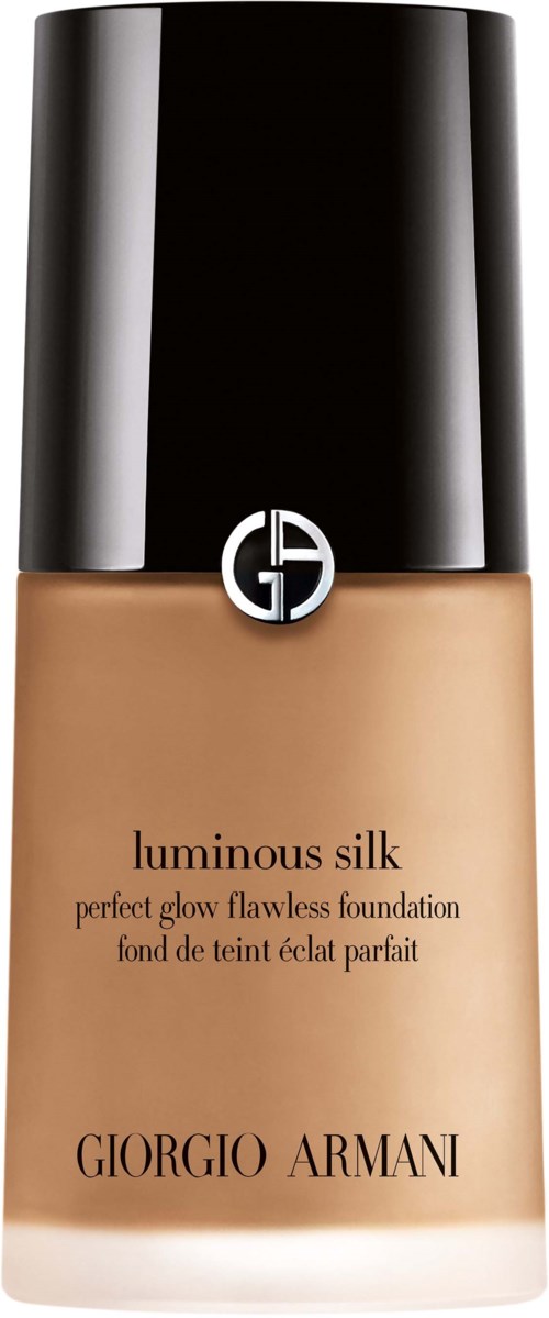 En flaske Giorgio Armani luminous silk foundation i beige farve med sort låg og logo.
