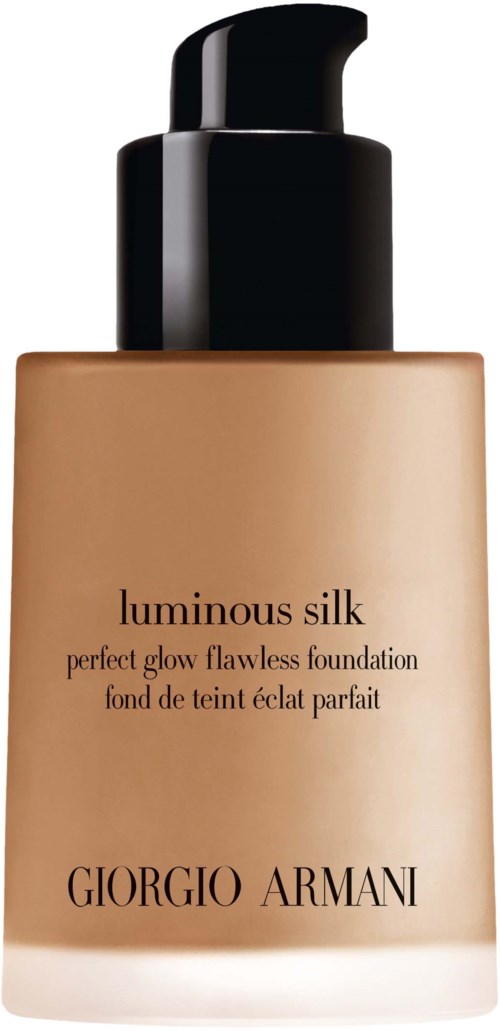 En flaske Giorgio Armani luminous silk foundation med sort pumpe og beige krop.