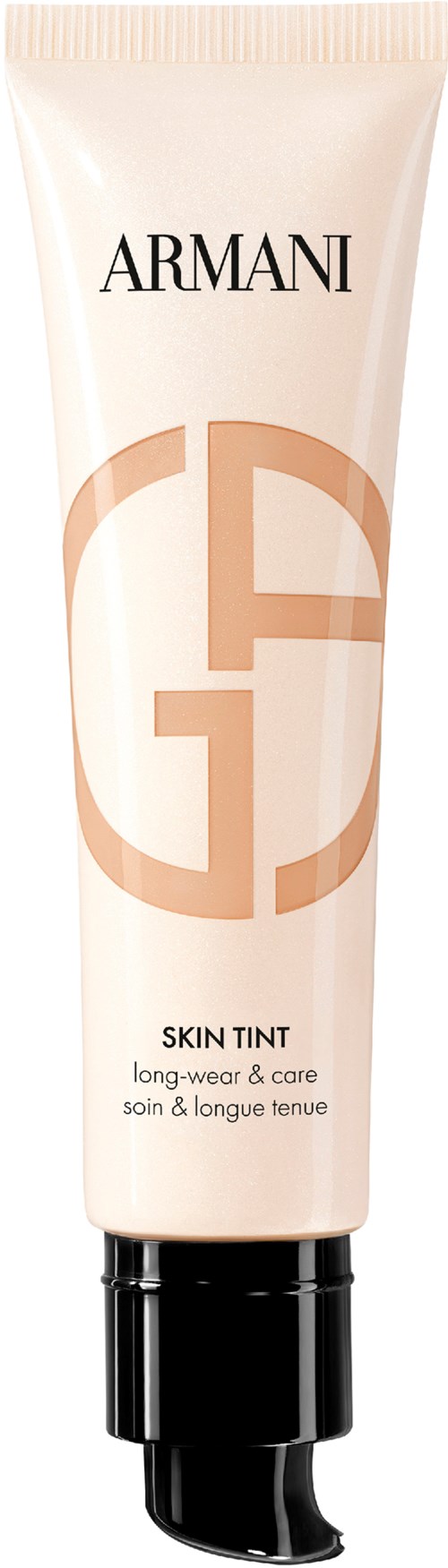 Armanis hudtintkräm med svart pump, beige och guld design och text som beskriver dess syfte för långvarig användning.