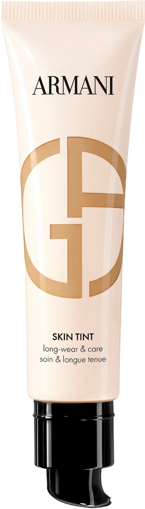 Armani-ansiktstintrör med svart pump, guldig varumärkeslogo och beige förpackning.