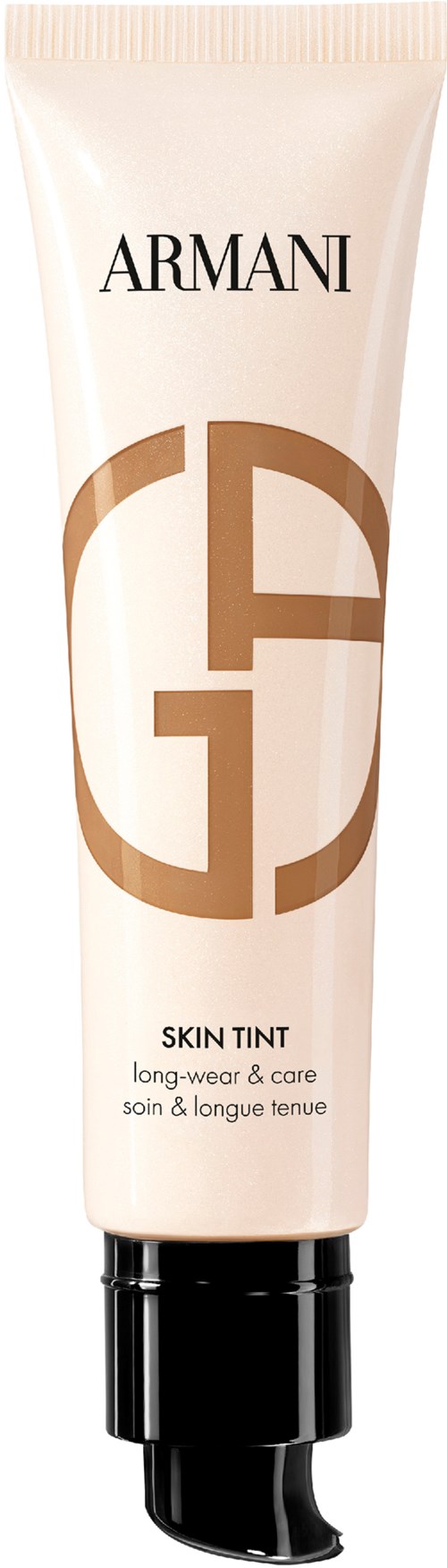 Armani hudfärg i tub med logo, produktnamn och beskrivning för långvarig och vårdande användning.
