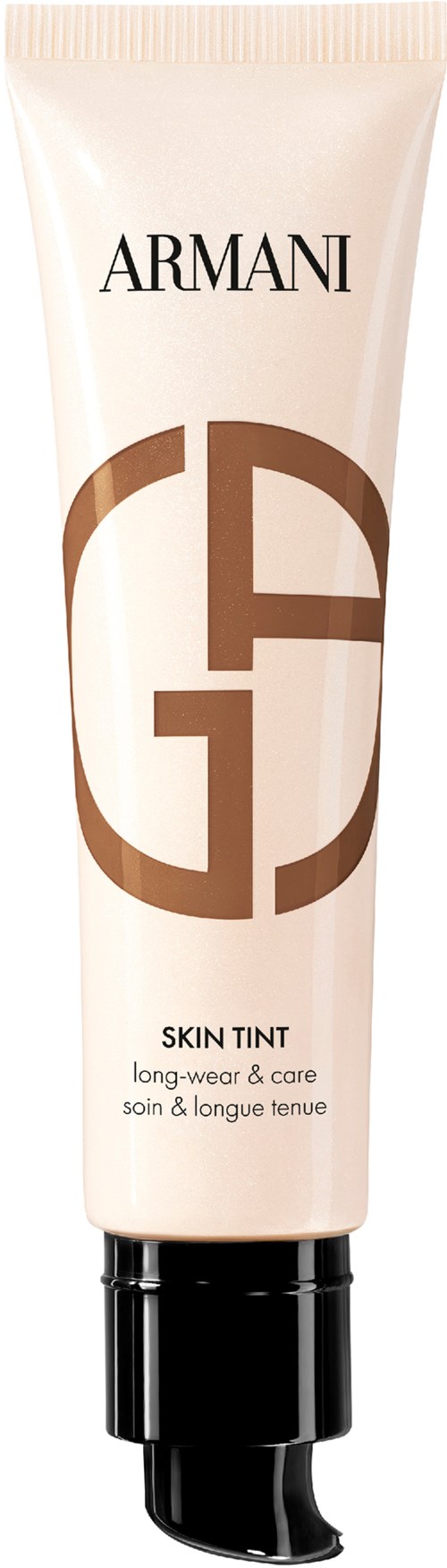 Armani skin tint tub med logga, text om hållbarhet och hudvård för ansiktet.