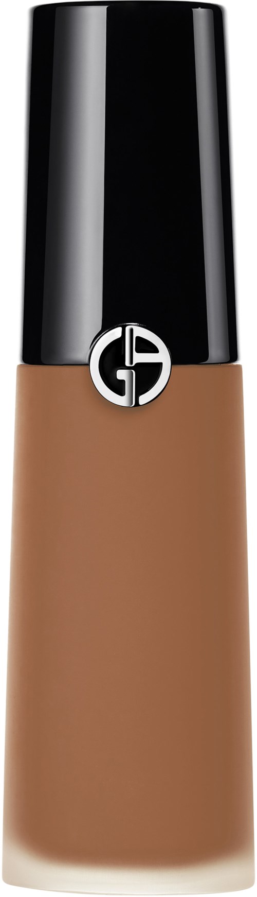 En flaska flytande foundation med svart lock och Giorgio Armani-logga.