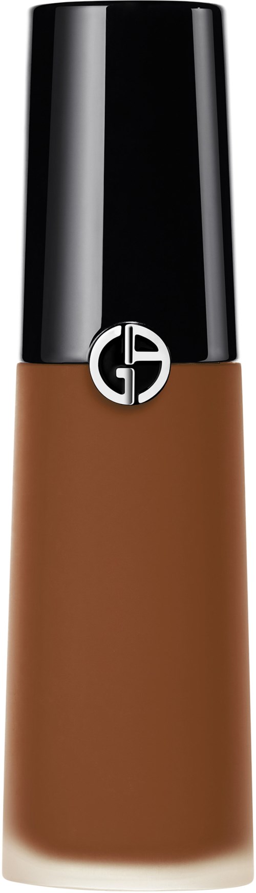 A brown liquid foundation bottle with a black cap and logo at the middle. It is tall and slim.