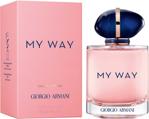 En rosa parfymkartong och flaska märkt 'My Way' av Giorgio Armani, med en mörkblå kork.